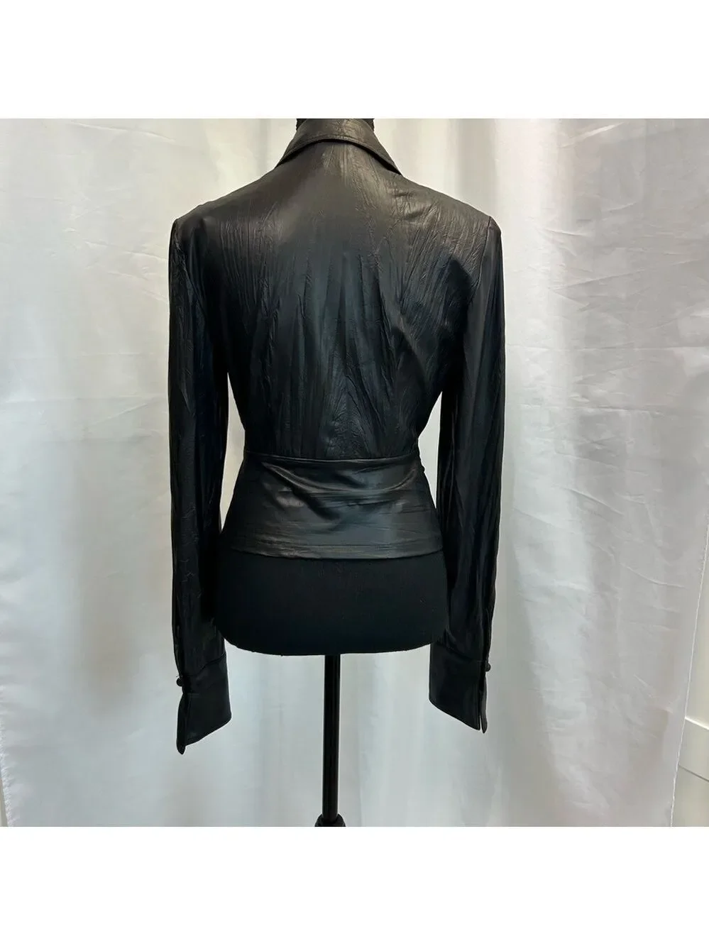 Joseph Ribkoff black faux leather full zip front buckle jacket wrinkled style 6